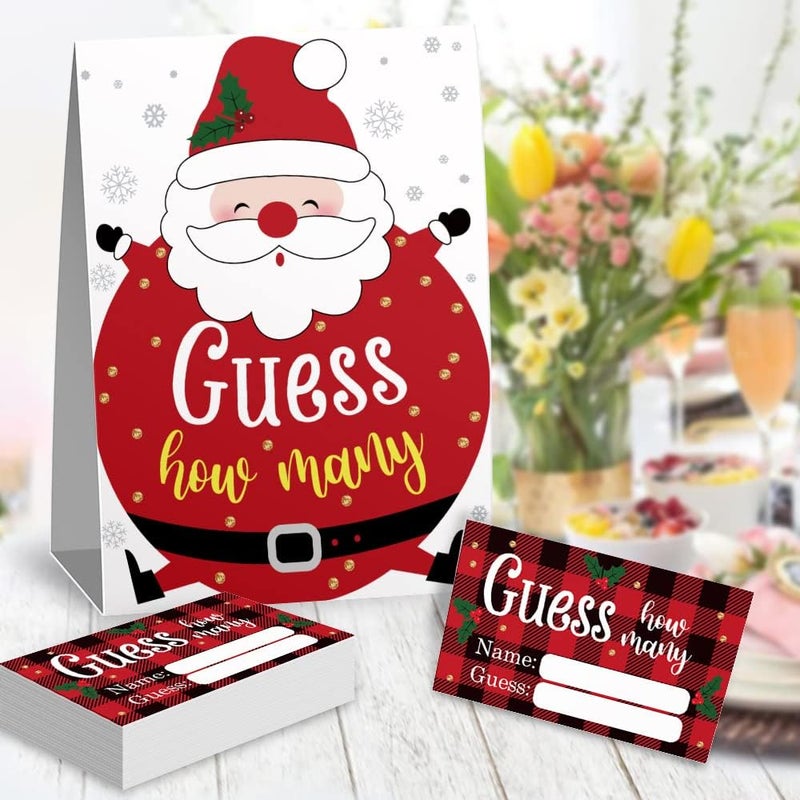 Kadiak Guess How Many Christmas Theme Party Game Cards Kit (1 Standing Sign + 50 Guessing Cards), Funny Circular Santa Claus Theme Party Game Cards Festive Activity Party Raffle Insert Ticket - Image 2
